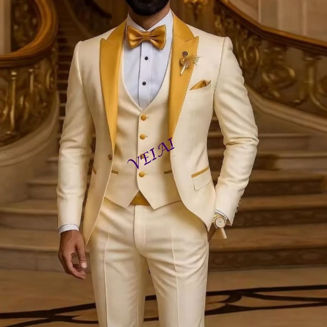 Young Men Formal Wear - CustomizedGold Collar Ivory Men Suit Wedding
